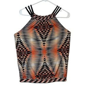 BCBGMAXAZRIA Geometric Print Halter Neck Tank Top Women Orange Black Gray XS Y2K
